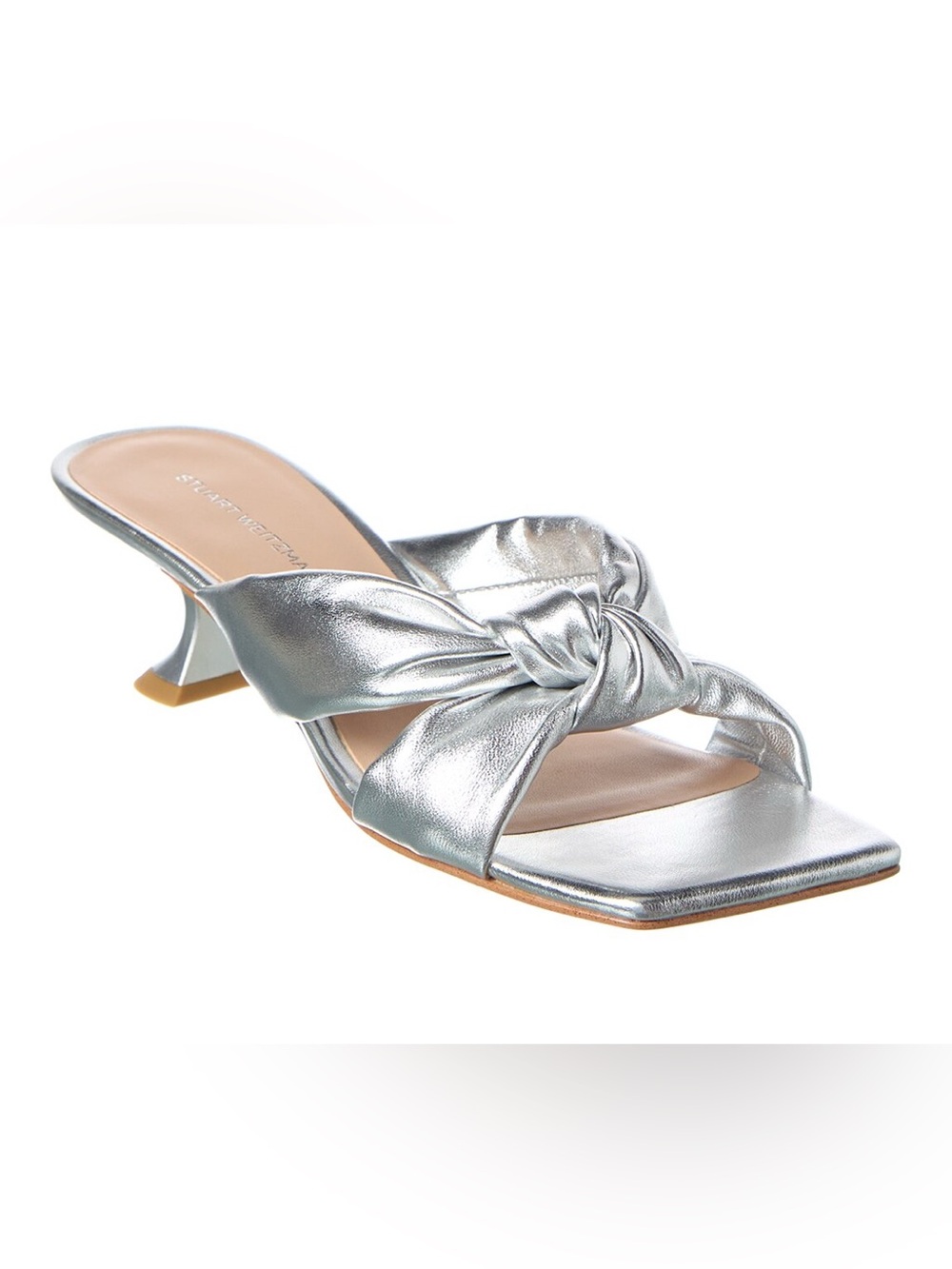 Stuart Weitzman  PLAYA 50 KNOT SLIDE Silver Knot-Front Square-Toe Slide Mules